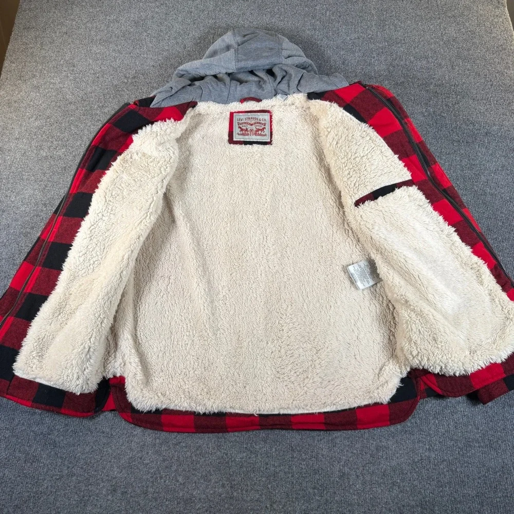 Levis Mens Buffalo Plaid Sherpa Lined Hooded Shirt Jacket Red Black LM1JC684 S